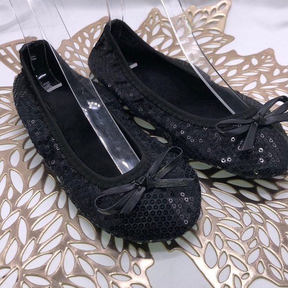 Black Sequins Foldable Soft Sole Ballet Slippers with Brighton Drawstring Bag - Picture 1 of 10